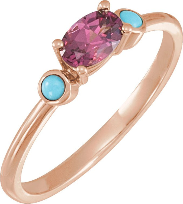 14K Gold Natural Rhodolite Garnet & Natural Turquoise Oval 4-Prong Accented Ring - Rose Gold