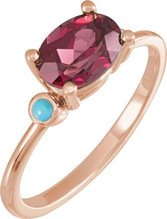 14K Gold Natural Rhodolite Garnet & Natural Turquoise Oval 4-Prong Accented Ring - Rose Gold