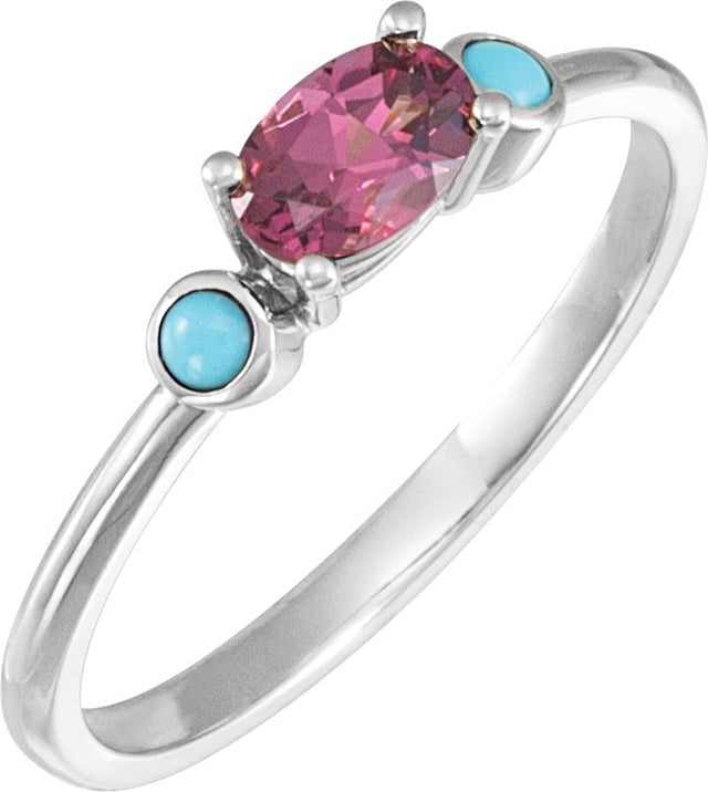 14K Gold Natural Rhodolite Garnet & Natural Turquoise Oval 4-Prong Accented Ring - White Gold