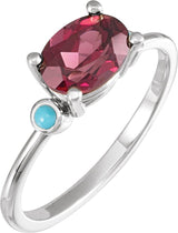 14K Gold Natural Rhodolite Garnet & Natural Turquoise Oval 4-Prong Accented Ring - White Gold