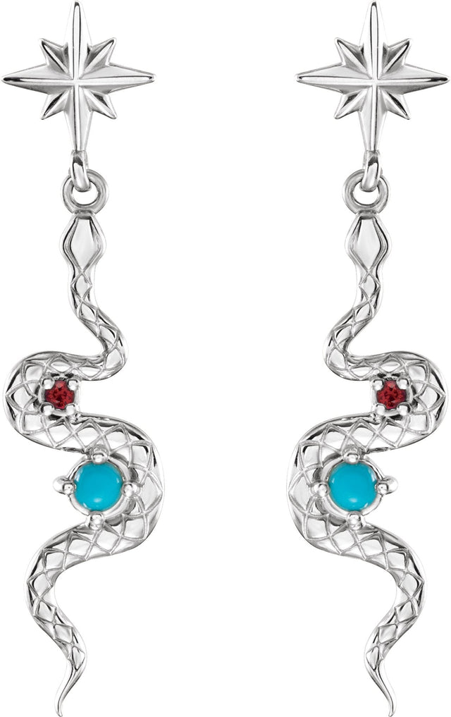 Platinum Round Natural Turquoise & Natural Ruby Accented Snake Earrings - view 2