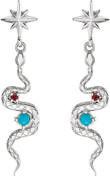 14K Gold Round Natural Turquoise & Natural Ruby Accented Snake Earrings - White Gold - view 2