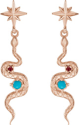 14K Gold Round Natural Turquoise & Natural Ruby Accented Snake Earrings - Rose Gold - view 2