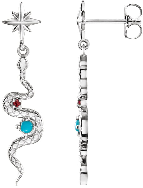 14K Gold Round Natural Turquoise & Natural Ruby Accented Snake Earrings - White Gold