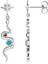 Platinum Round Natural Turquoise & Natural Ruby Accented Snake Earrings