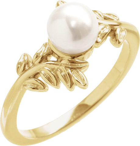14K Gold Cultured White Akoya Pearl Floral Pearl Ring - Yellow Gold