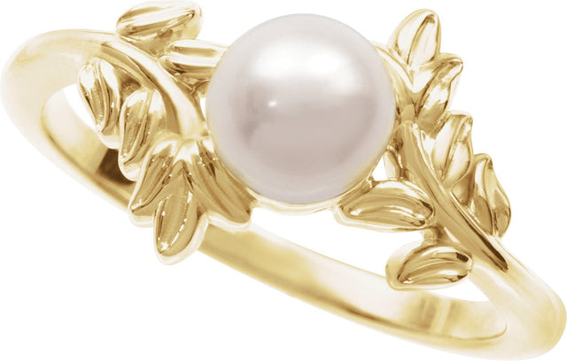 14K Gold Cultured White Akoya Pearl Floral Pearl Ring - Yellow Gold - view 3