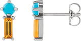 14K Gold Round Natural Turquoise & Natural Citrine Two-Stone Bar Earrings - White Gold