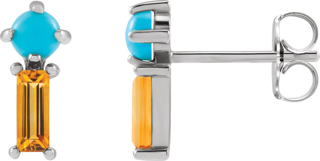 14K Gold Round Natural Turquoise & Natural Citrine Two-Stone Bar Earrings - White Gold