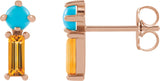 14K Gold Round Natural Turquoise & Natural Citrine Two-Stone Bar Earrings - Rose Gold