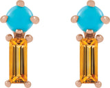 14K Gold Round Natural Turquoise & Natural Citrine Two-Stone Bar Earrings - Rose Gold - view 2