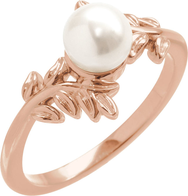 14K Gold Cultured White Akoya Pearl Floral Pearl Ring - Rose Gold