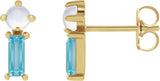 14K Gold Round Natural Rainbow Moonstone & Natural Swiss Blue Topaz Two-Stone Bar Earrings - Yellow Gold