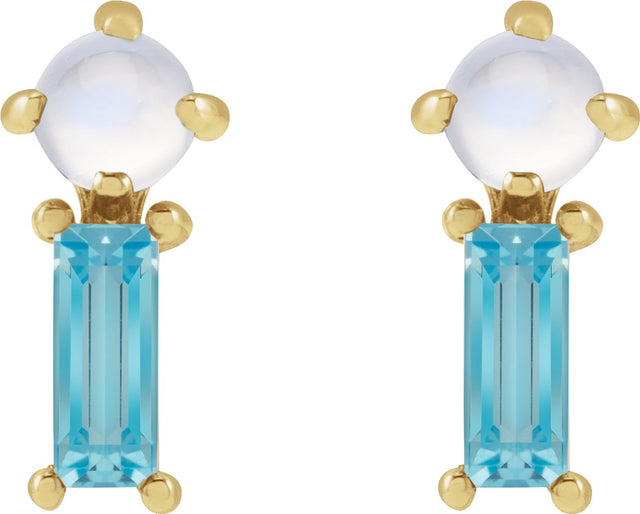 14K Gold Round Natural Rainbow Moonstone & Natural Swiss Blue Topaz Two-Stone Bar Earrings - Yellow Gold - view 2