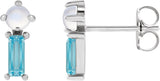 Platinum Round Natural Rainbow Moonstone & Natural Swiss Blue Topaz Two-Stone Bar Earrings