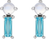 Platinum Round Natural Rainbow Moonstone & Natural Swiss Blue Topaz Two-Stone Bar Earrings - view 2