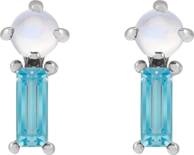 Platinum Round Natural Rainbow Moonstone & Natural Swiss Blue Topaz Two-Stone Bar Earrings - view 2