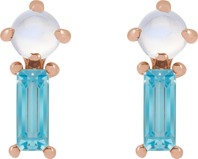 14K Gold Round Natural Rainbow Moonstone & Natural Swiss Blue Topaz Two-Stone Bar Earrings - Rose Gold - view 2