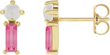 14K Gold Round Natural White Opal & Natural Pink Tourmaline Two-Stone Bar Earrings - Yellow Gold