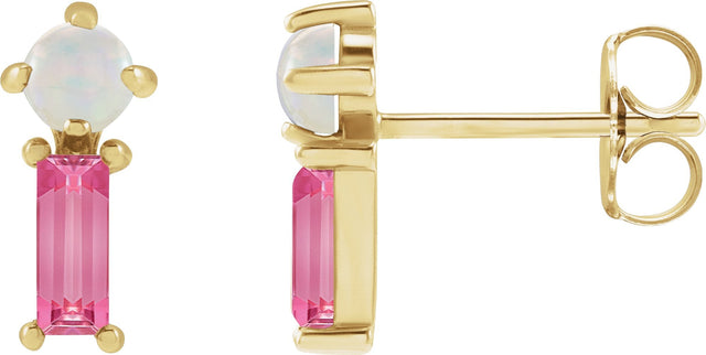 14K Gold Round Natural White Opal & Natural Pink Tourmaline Two-Stone Bar Earrings - Yellow Gold
