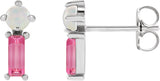 Platinum Round Natural White Opal & Natural Pink Tourmaline Two-Stone Bar Earrings