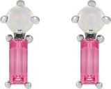 Platinum Round Natural White Opal & Natural Pink Tourmaline Two-Stone Bar Earrings - view 2