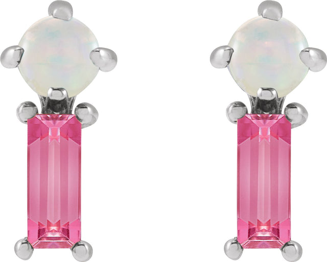 Platinum Round Natural White Opal & Natural Pink Tourmaline Two-Stone Bar Earrings - view 2