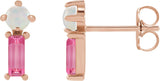 14K Gold Round Natural White Opal & Natural Pink Tourmaline Two-Stone Bar Earrings - Rose Gold