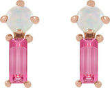 14K Gold Round Natural White Opal & Natural Pink Tourmaline Two-Stone Bar Earrings - Rose Gold - view 2