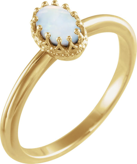 14K Gold Oval Natural White Opal Crown Cabochon Ring - Yellow Gold