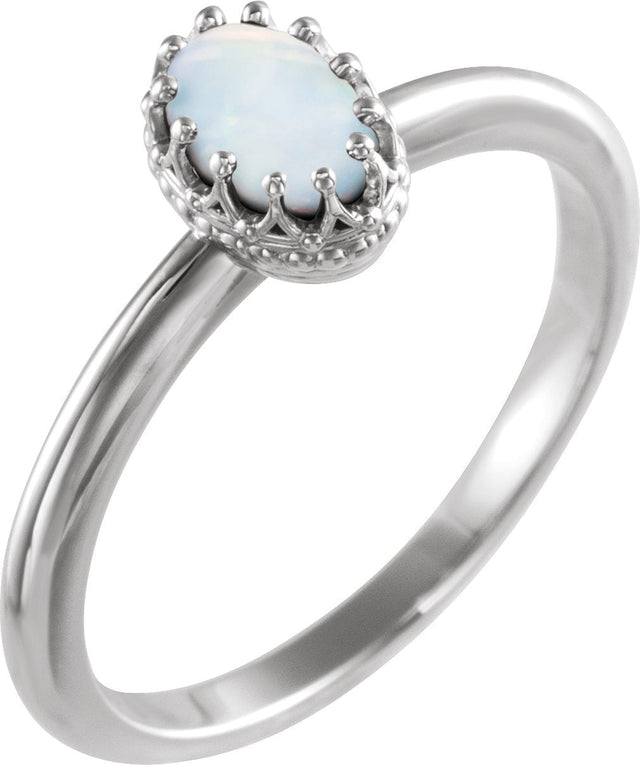 Platinum Oval Natural White Opal Crown Cabochon Ring