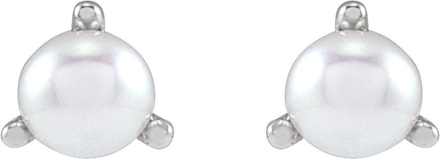 14K Gold Cultured White Seed Pearl Seed Pearl 3-Prong Stud Earrings - White Gold - view 2