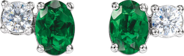 14K Gold Oval Lab-Grown Emerald & Lab-Grown Diamond Accented Stud Earrings - White Gold - view 2