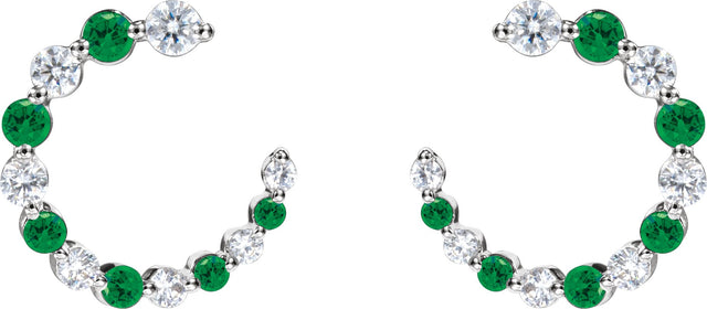 14K Gold Round Natural Tsavorite Garnet & Natural Diamond Accented Front-Back Hoop Earrings - White Gold - view 2