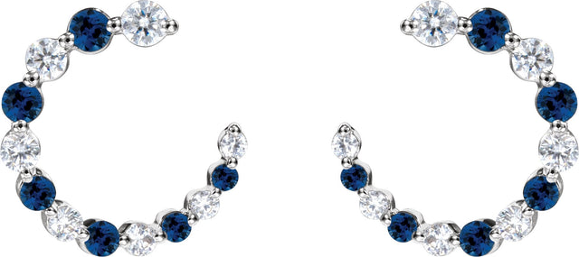 14K Gold Round Natural Blue Sapphire & Natural Diamond Accented Front-Back Hoop Earrings - White Gold - view 2