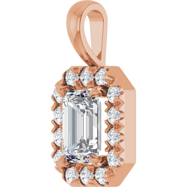 14K Gold Emerald Natural White Sapphire Halo-Style Necklace or Pendant - Rose Gold - view 5