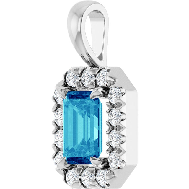 Platinum Emerald Natural Blue Zircon Halo-Style Necklace or Pendant - view 5