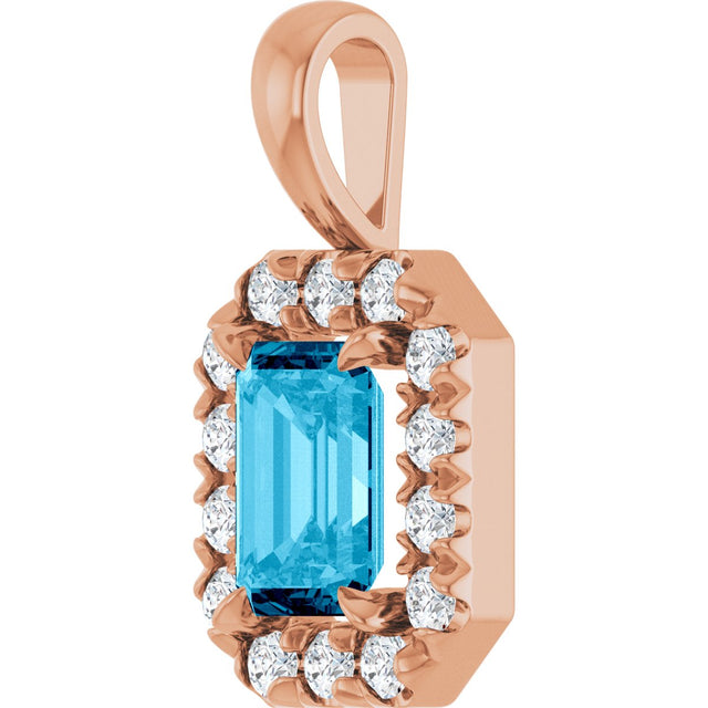 14K Gold Emerald Natural Aquamarine Halo-Style Necklace or Pendant - Rose Gold - view 5