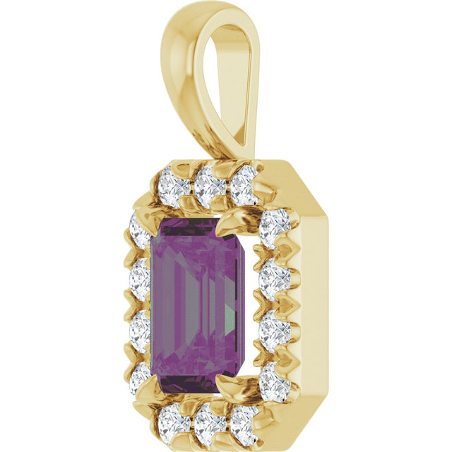 14K Gold Emerald Lab-Grown Alexandrite Halo-Style Necklace or Pendant - Yellow Gold - view 5