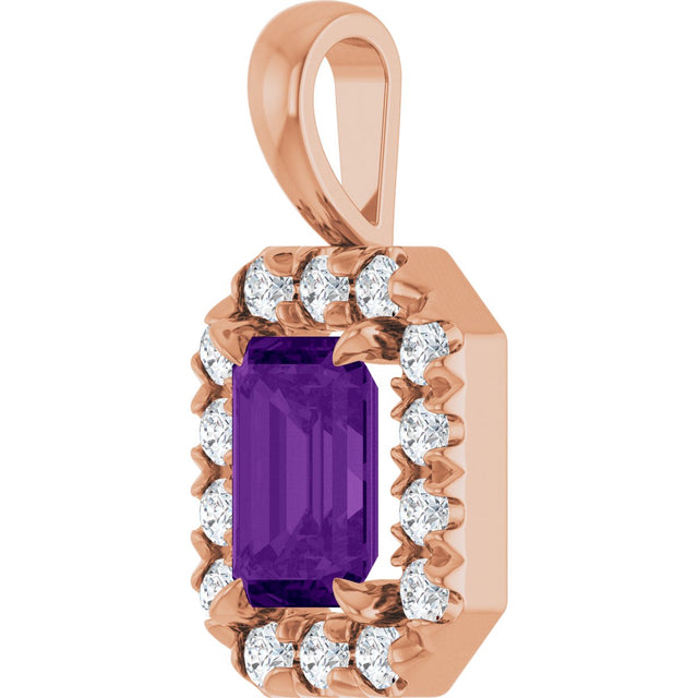 14K Gold Emerald Natural Amethyst Halo-Style Necklace or Pendant - Rose Gold - view 5