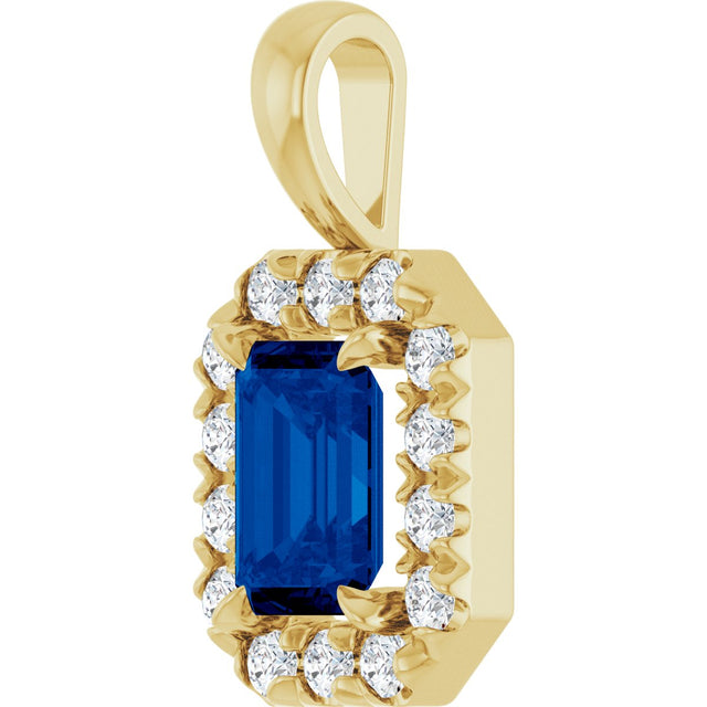 14K Gold Emerald Natural Blue Sapphire Halo-Style Necklace or Pendant - Yellow Gold - view 5