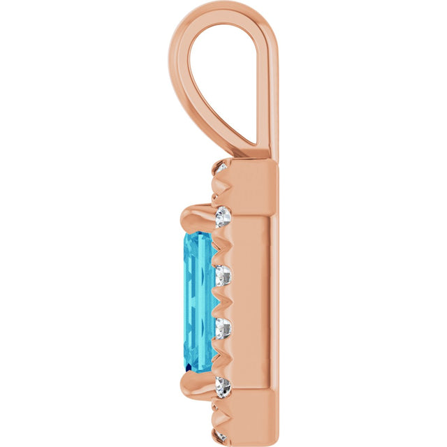 14K Gold Emerald Natural Blue Zircon Halo-Style Necklace or Pendant - Rose Gold - view 6