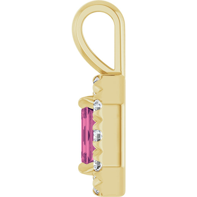14K Gold Emerald Natural Pink Tourmaline Halo-Style Necklace or Pendant - Yellow Gold - view 6