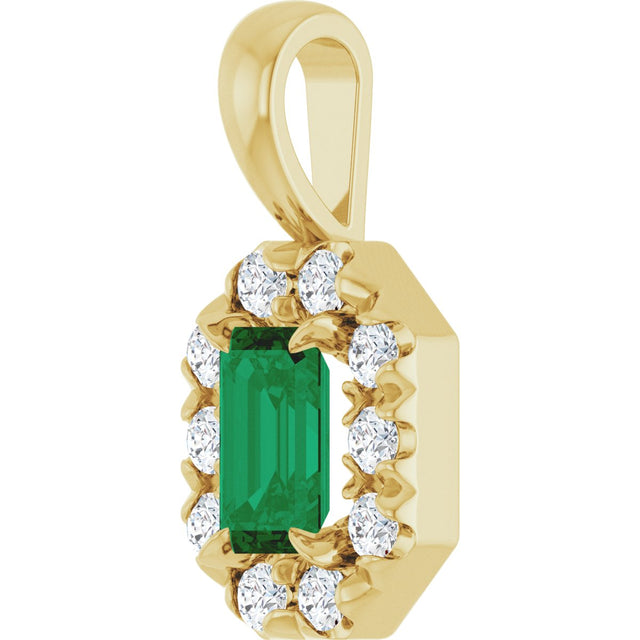 14K Gold Emerald Lab-Grown Emerald Halo-Style Necklace or Pendant - Yellow Gold - view 5