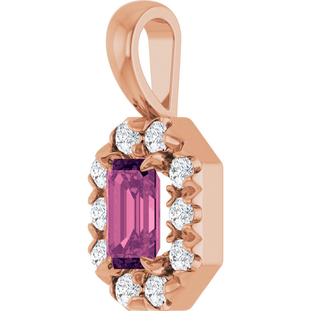 14K Gold Emerald Natural Pink Tourmaline Halo-Style Necklace or Pendant - Rose Gold - view 5