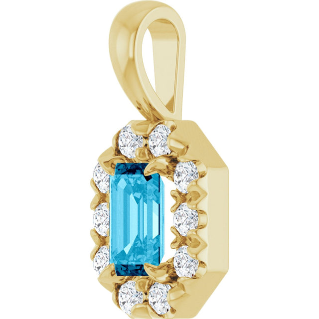 14K Gold Emerald Natural Aquamarine Halo-Style Necklace or Pendant - Yellow Gold - view 5