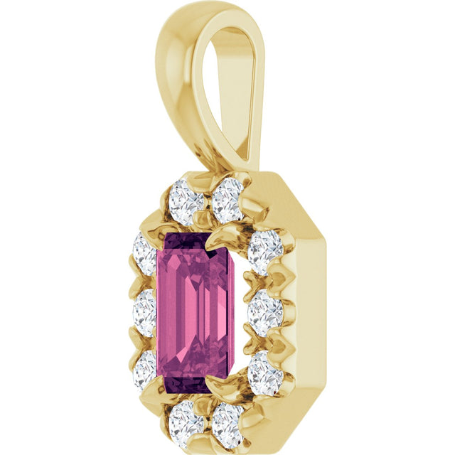 14K Gold Emerald Natural Pink Tourmaline Halo-Style Necklace or Pendant - Yellow Gold - view 5
