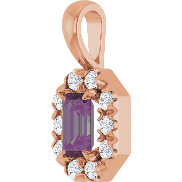 14K Gold Emerald Lab-Grown Alexandrite Halo-Style Necklace or Pendant - Rose Gold - view 5