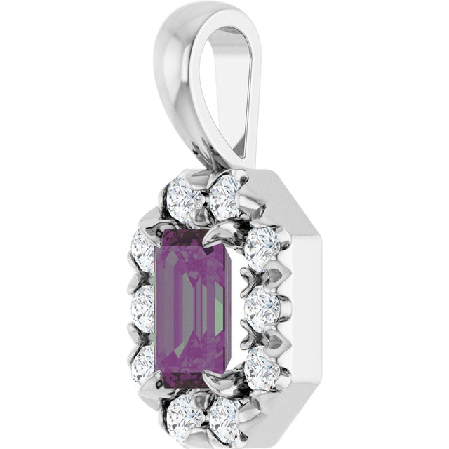 14K Gold Emerald Lab-Grown Alexandrite Halo-Style Necklace or Pendant - White Gold - view 5