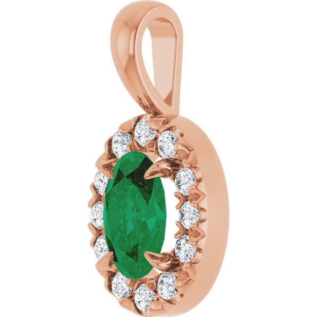 14K Gold Emerald Lab-Grown Emerald Halo-Style Necklace or Pendant - Rose Gold - view 5